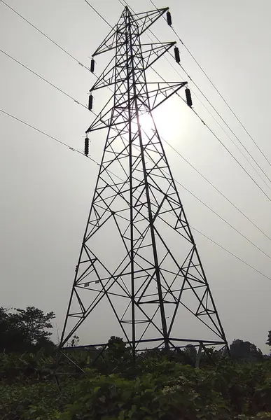 bulutlu bir günde karlı manzaralı yüksek voltajlı elektrik kulesi