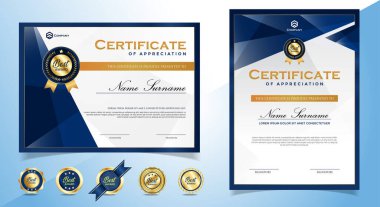 Zarif Mavi ve Altın Diploma Sertifikası Rozetli Şablonu. vektör 10