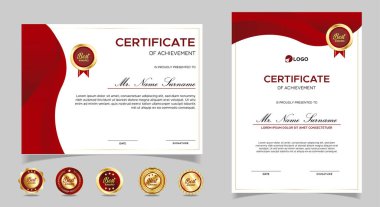 Takdir belgesi şablonu, altın ve kırmızı renk. Altın rozetli temiz modern sertifika. Lüks ve modern sınır şablonu sertifikası. Diploma vektör şablonu