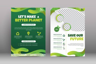Yeşil çevre broşürleri, poster, broşür, dergi, yıllık rapor, kitap, broşür kapağı şablonu. vektör