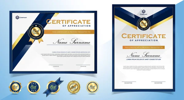 Zarif Mavi Altın Diploma Sertifikası Rozetli Şablonu Vektör — Stok Vektör