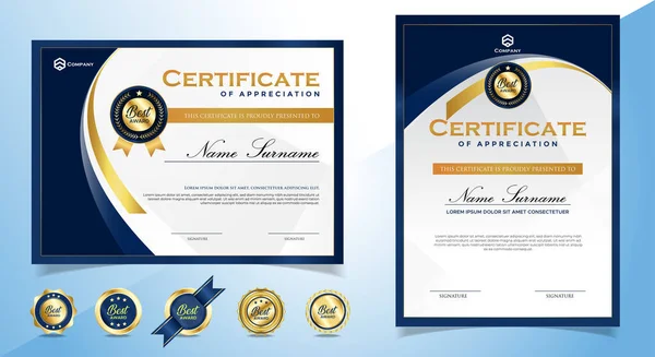 Modelo Certificado Diploma Elegante Azul Dourado Com Crachás Vetor Eps — Vetor de Stock
