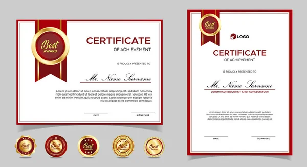 鉴赏证书模板 金色和红色 用金色徽章清洁现代证书 具有豪华和现代行程图的证书边界模板 文凭矢量模板 — 图库矢量图片