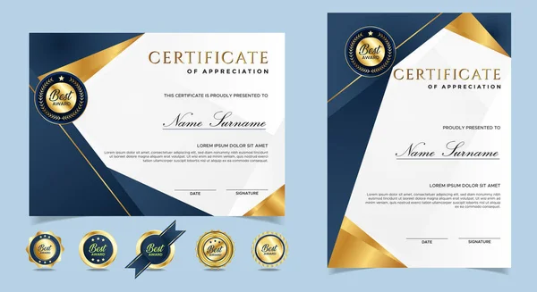 Plantilla Frontera Certificado Azul Oro Para Documentos Negocios Diplomas Educación — Vector de stock