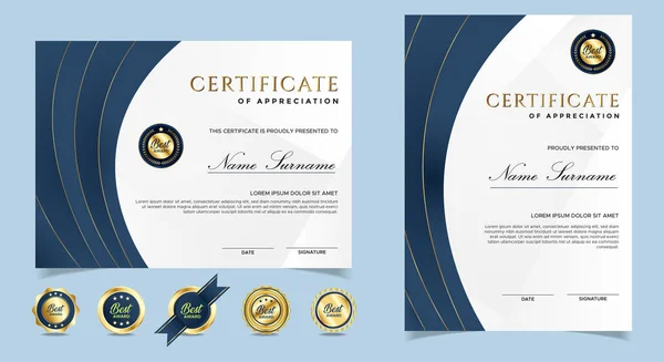 Синий Золотой Сертификат Пограничный Шаблон Деловых Дипломных Образовательных Документов Портрет — стоковый вектор