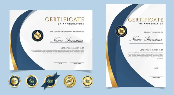 蓝色和金色证书的商业 文凭和教育文件的边界模板 肖像画和风景画纸 病媒Eps — 图库矢量图片