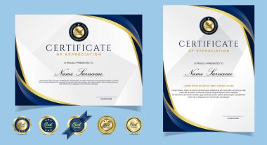 Takdir belgesi, altın ve mavi renk. Altın rozetli temiz modern sertifika. Lüks ve modern sınır şablonu sertifikası. Diploma vektör şablonu