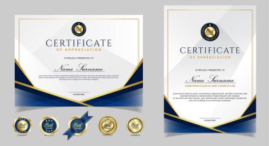 Takdir belgesi, altın ve mavi renk. Altın rozetli temiz modern sertifika. Lüks ve modern sınır şablonu sertifikası. Diploma vektör şablonu