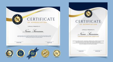 Takdir belgesi, altın ve mavi renk. Altın rozetli temiz modern sertifika. Lüks ve modern sınır şablonu sertifikası. Diploma vektör şablonu