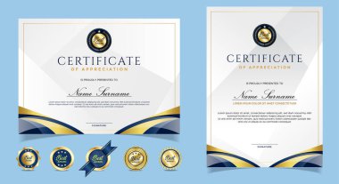 Takdir belgesi, altın ve mavi renk. Altın rozetli temiz modern sertifika. Lüks ve modern sınır şablonu sertifikası. Diploma vektör şablonu