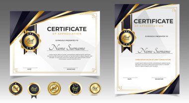 Lüks rozetli, modern çizgileri ve şekilleri olan takdir sınırlarının siyah ve altın sertifikası. Ödül, iş ve eğitim ihtiyaçları için. Diploma vektör şablonu