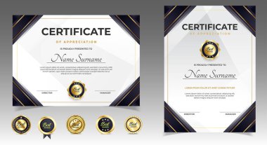 Lüks rozetli, modern çizgileri ve şekilleri olan takdir sınırlarının siyah ve altın sertifikası. Ödül, iş ve eğitim ihtiyaçları için. Diploma vektör şablonu