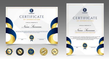 Takdir belgesi, altın ve mavi renk. Altın rozetli temiz modern sertifika. Lüks ve modern sınır şablonu sertifikası. Diploma vektör şablonu