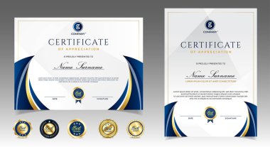 Takdir belgesi, altın ve mavi renk. Altın rozetli temiz modern sertifika. Lüks ve modern sınır şablonu sertifikası. Diploma vektör şablonu