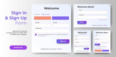 Modern Beyaz ve Temiz Giriş ve Kayıt Şablonları Tasarımı. Mobil İmzala ve Sayfayı İmzala. Profesyonel web tasarımı, tüm elementler. Kullanıcı dostu tasarım materyalleri.