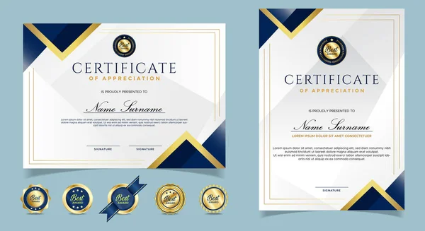 Сертифікат Шаблону Вдячності Золотий Синій Кольори Чистий Сучасний Сертифікат Золотим — стоковий вектор