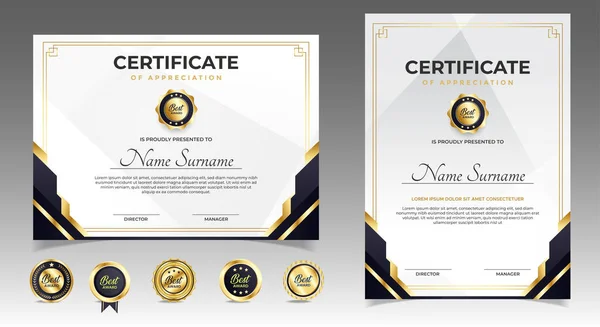 Чорний Золотий Сертифікат Вдячності Шаблон Кордону Розкішним Значком Сучасною Лінією — стоковий вектор