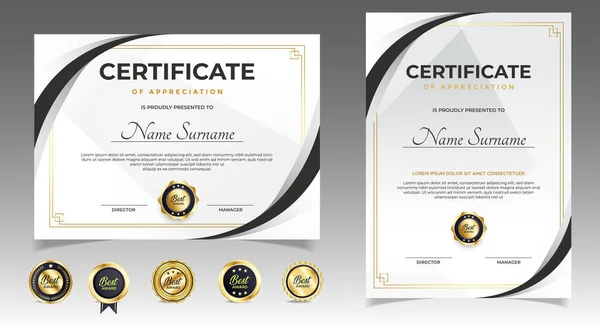 Certificado Negro Dorado Apreciación Plantilla Frontera Con Insignia Lujo Línea — Archivo Imágenes Vectoriales