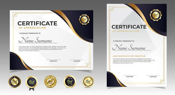 Certificado Preto Dourado Modelo Borda Apreciação Com Crachá Luxo Linha — Vetor de Stock