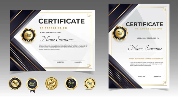 Schwarz Goldenes Zertifikat Der Wertschätzung Grenzschablone Mit Luxusabzeichen Und Modernen — Stockvektor