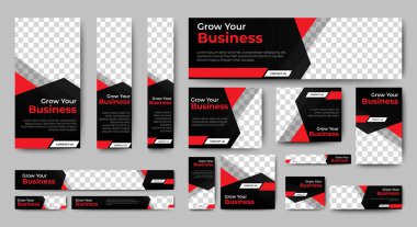 İş afişi tasarım web şablonu seti, Yatay başlık web pankartı. Siyah ve kırmızı. Web sitesi tasarımı için kapak başlığı arka planı, Sosyal Medya Kapak ilanı, broşür, davetiye kartı