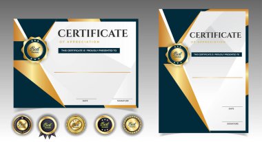 Lüks rozetli, modern çizgileri ve şekilleri olan takdir sınırlarının siyah ve altın sertifikası. Ödül, iş ve eğitim ihtiyaçları için. Diploma vektör şablonu