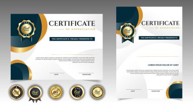 Lüks rozetli, modern çizgileri ve şekilleri olan takdir sınırlarının siyah ve altın sertifikası. Ödül, iş ve eğitim ihtiyaçları için. Diploma vektör şablonu