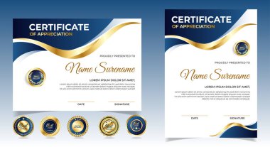Lüks rozetli, modern çizgili ve şekilli tamamlama şablonları. Ödül, iş ve eğitim için yatay sertifika. Diploma vektör şablonu