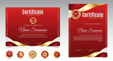 Kırmızı ve Altın sertifikaları şablon tasarımı. Dikey, yatay kağıt sertifikaları. vektör
