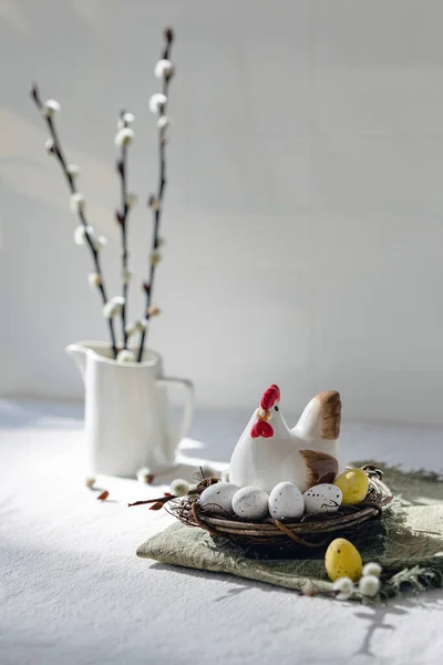 Ceramic Chicken Nest Colorful Chocolate Eggs Light Background 스톡 이미지