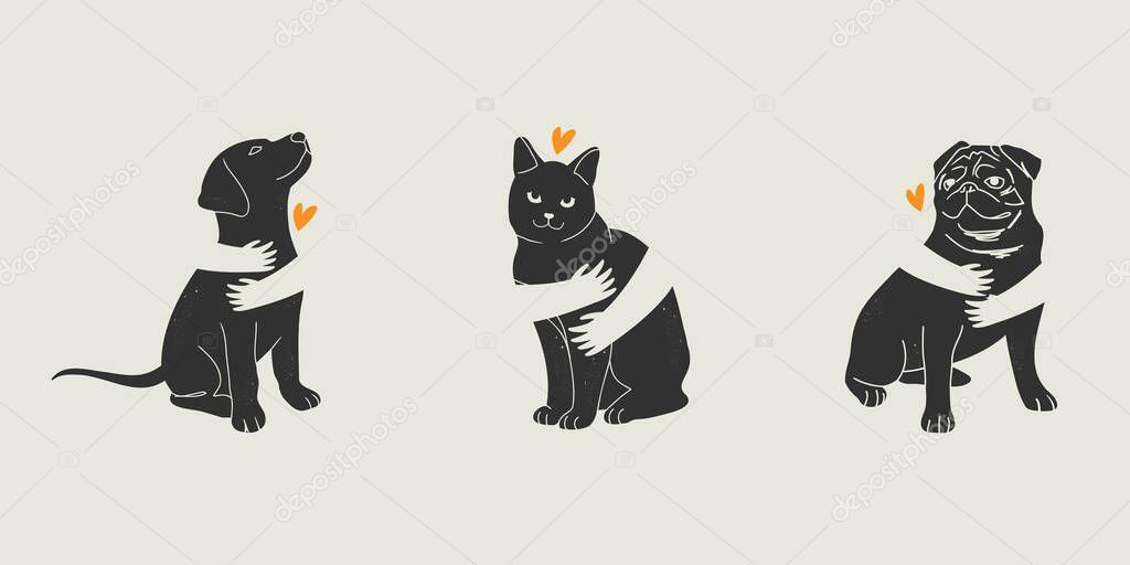 Domestic cat and dog simple minimal silhouette. human hands hugging animal. logo icon infographic for veterinary, pet shelter, pet adoption and animal charity