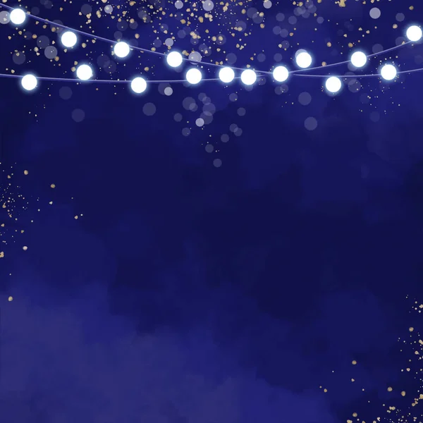 dark blue navy watercolor background with gold sparkle and hanging light bulbs. Instagram social media post banner for festive celebration, new years eve, birthday content