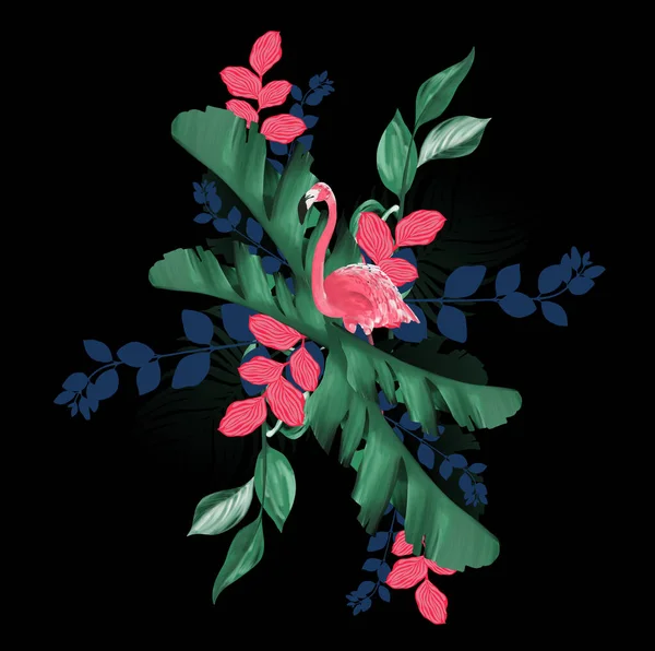 İzole edilmiş tropikal çiçek ve yaprak buketi ve siyah arka planda yeşil ve pembe renkli flamingo seti. Kadın güzelliği ve kaplıcası için tasarım öğesi, yaz plajı