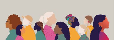 group of multicultural and multiethnic woman face silhouette in profile. Concept of racial equality, friendship and woman community