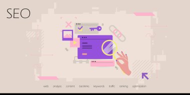 Seo arama motoru optimizasyon arka plan pankartı. Web sitesi optimizasyonu, pazarlama optimizasyonu, arama optimizasyonu için vektör simgesi.