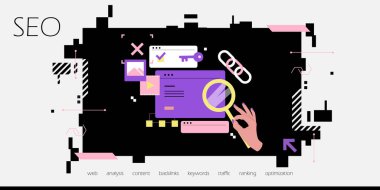 Seo arama motoru optimizasyon arka plan pankartı. Web sitesi optimizasyonu, pazarlama optimizasyonu, arama optimizasyonu için vektör simgesi.