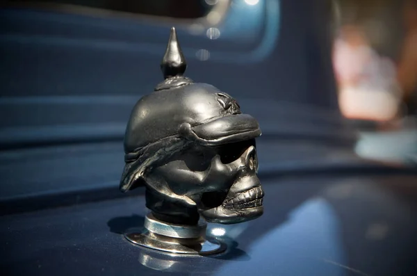 Scary Skull Ornament on Antique Hot Rod Car Horizontal