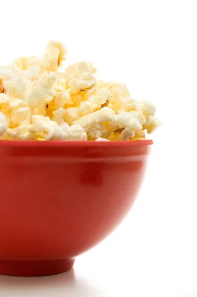 Close Side View Buttered Popcorn Red Bowl Isolated White Vertical — Stock Photo, Image