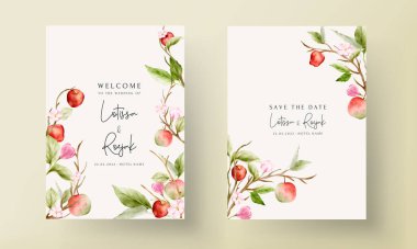 Klasik çiçekli suluboya botanik elması ve pembe çiçekli düğün davetiyesi şablonu