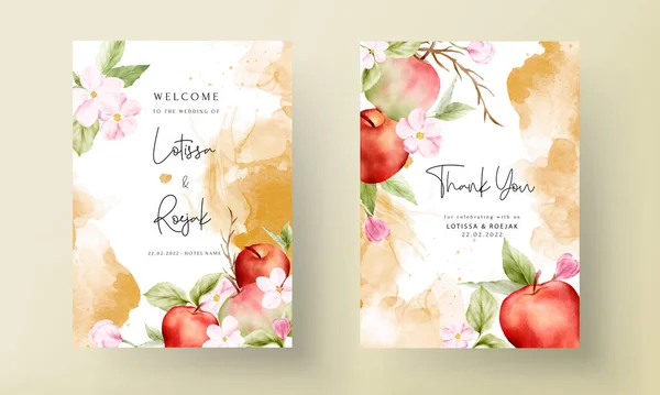 ヴィンテージ花水彩植物リンゴとピンクの花の結婚式招待テンプレート — ストックベクタ