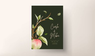 Düğün davetiyesi şablonu suluboya elma meyvesi ve çiçek süslemesi ile ayarlandı