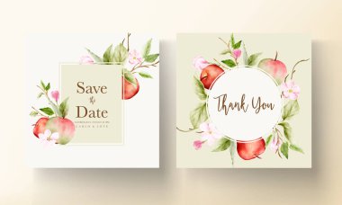 Düğün davetiyesi şablonu suluboya elma meyvesi ve çiçek süslemesi ile ayarlandı