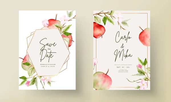 Huwelijksuitnodiging Sjabloon Set Met Aquarel Appel Fruit Bloemen Decoratie — Stockvector