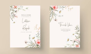 Güzel suluboya düğün davetiyesi Zarif çiçekli ve küçük yapraklı