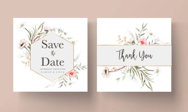 Güzel suluboya düğün davetiyesi Zarif çiçekli ve küçük yapraklı