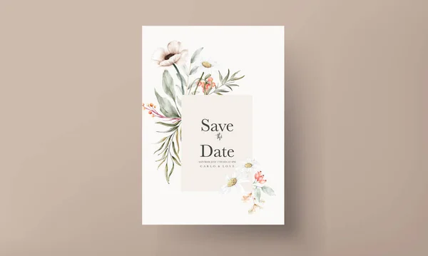 Όμορφη Ακουαρέλα Γαμήλια Πρόσκληση Κάρτα Κομψό Λουλούδι Και Μικροσκοπικό Φύλλωμα — Διανυσματικό Αρχείο