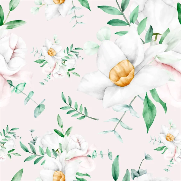 水彩白い花のシームレスなパターン — ストックベクタ
