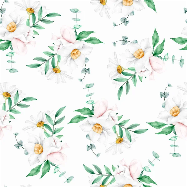 Aquarelle Motif Floral Sans Couture Blanc — Image vectorielle