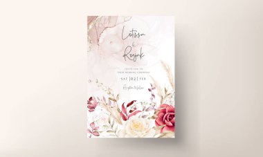 Suluboya düğün davetiyesi şablonu, kestane rengi ve şeftali çiçekli.