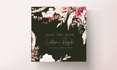 Suluboya düğün davetiyesi şablonu, kestane rengi ve şeftali çiçekli.